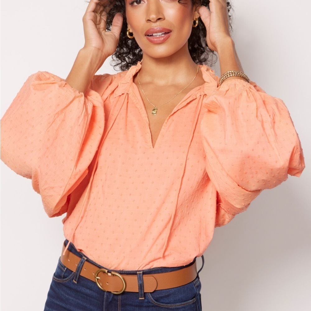 Cleobella Phoenix Blouse Top Coral Peach Swiss dot Boho Balloon Sleeves